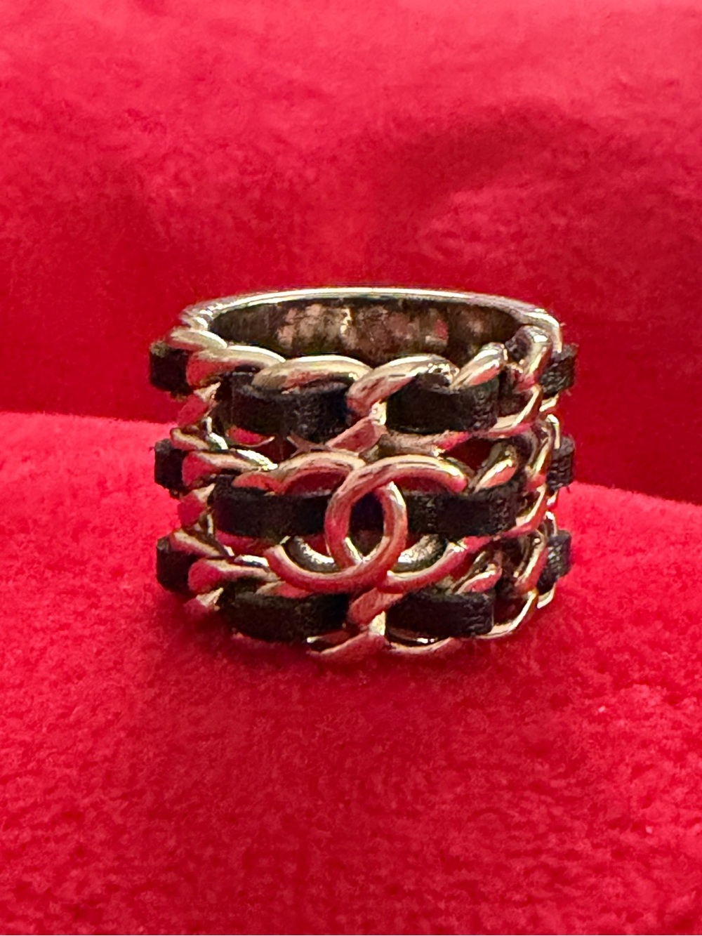 CC 18K Silver Chain Leather Ring Size 5